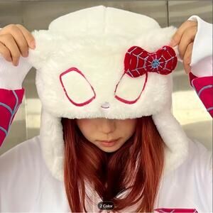 Spider Gwen Cosplay Plush Trapper Hat – Furry Winter Cap with Bow & Eyes Design